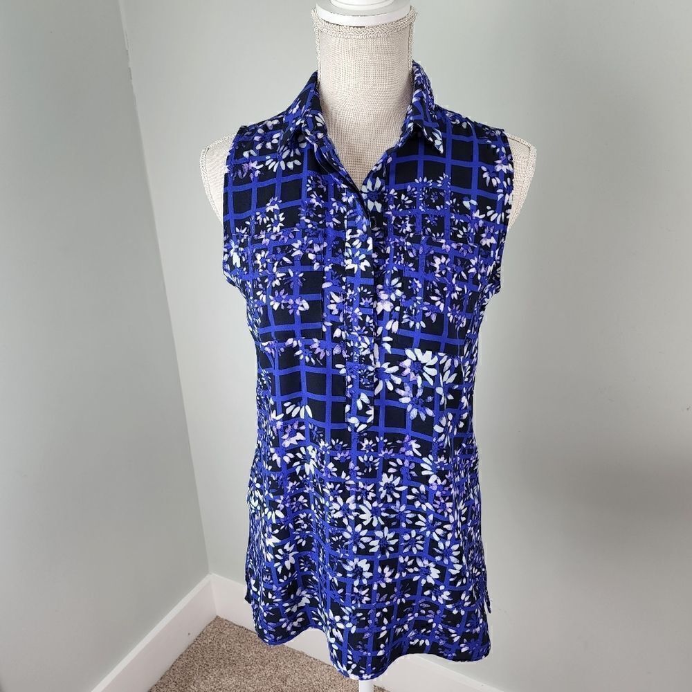 Ann Taylor Sleeveless Half Button V Neck High Collar Floral Shirt Size XS